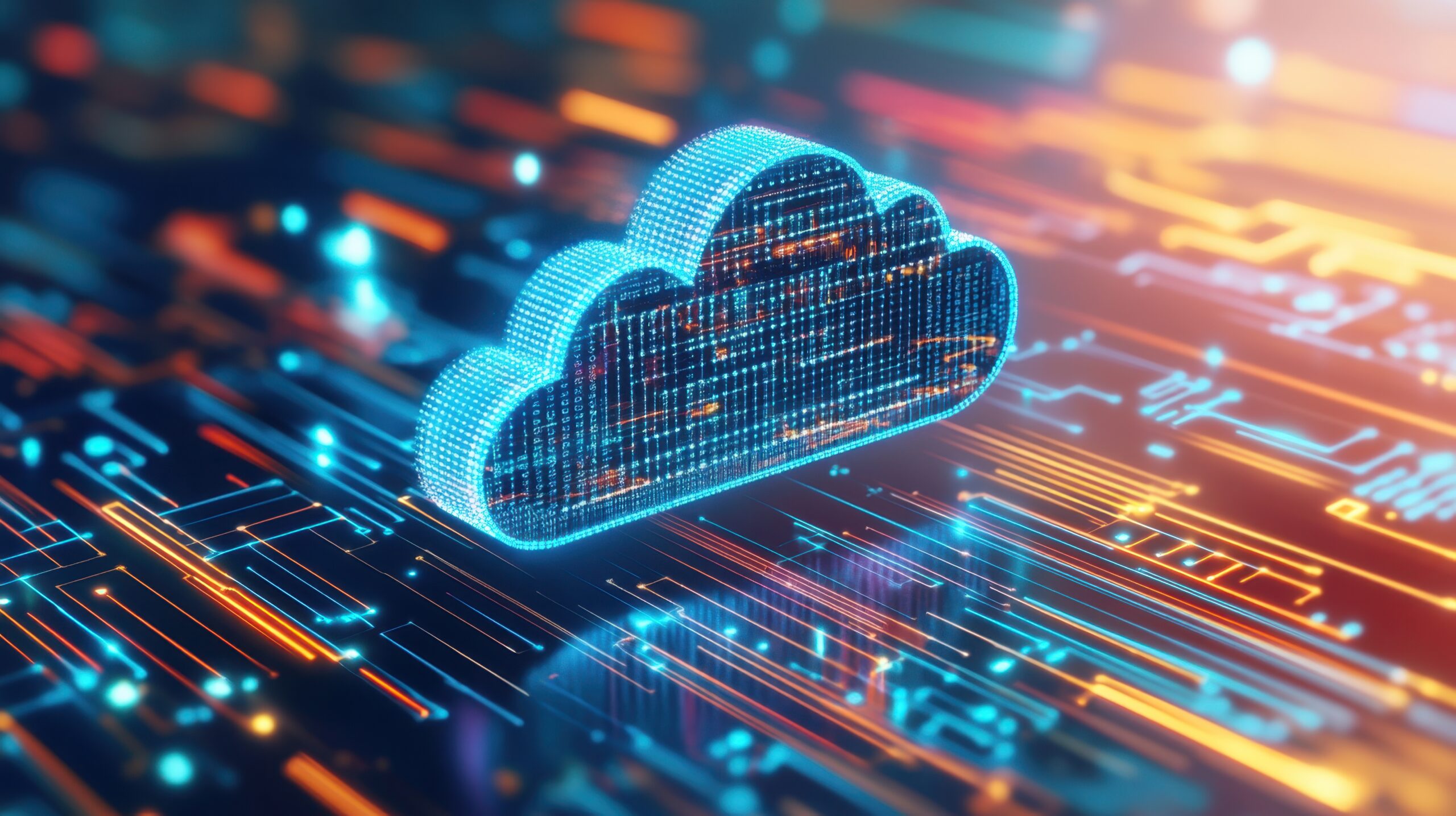 A futuristic hologram of a cloud infrastructure with advanced data analytics.